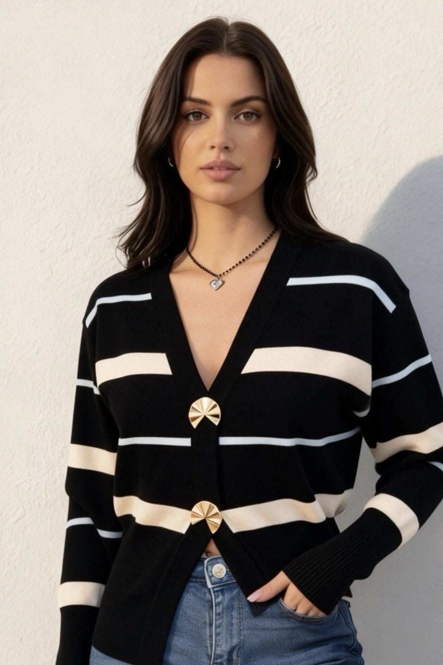 Gilet Rayé Boutons Dorés