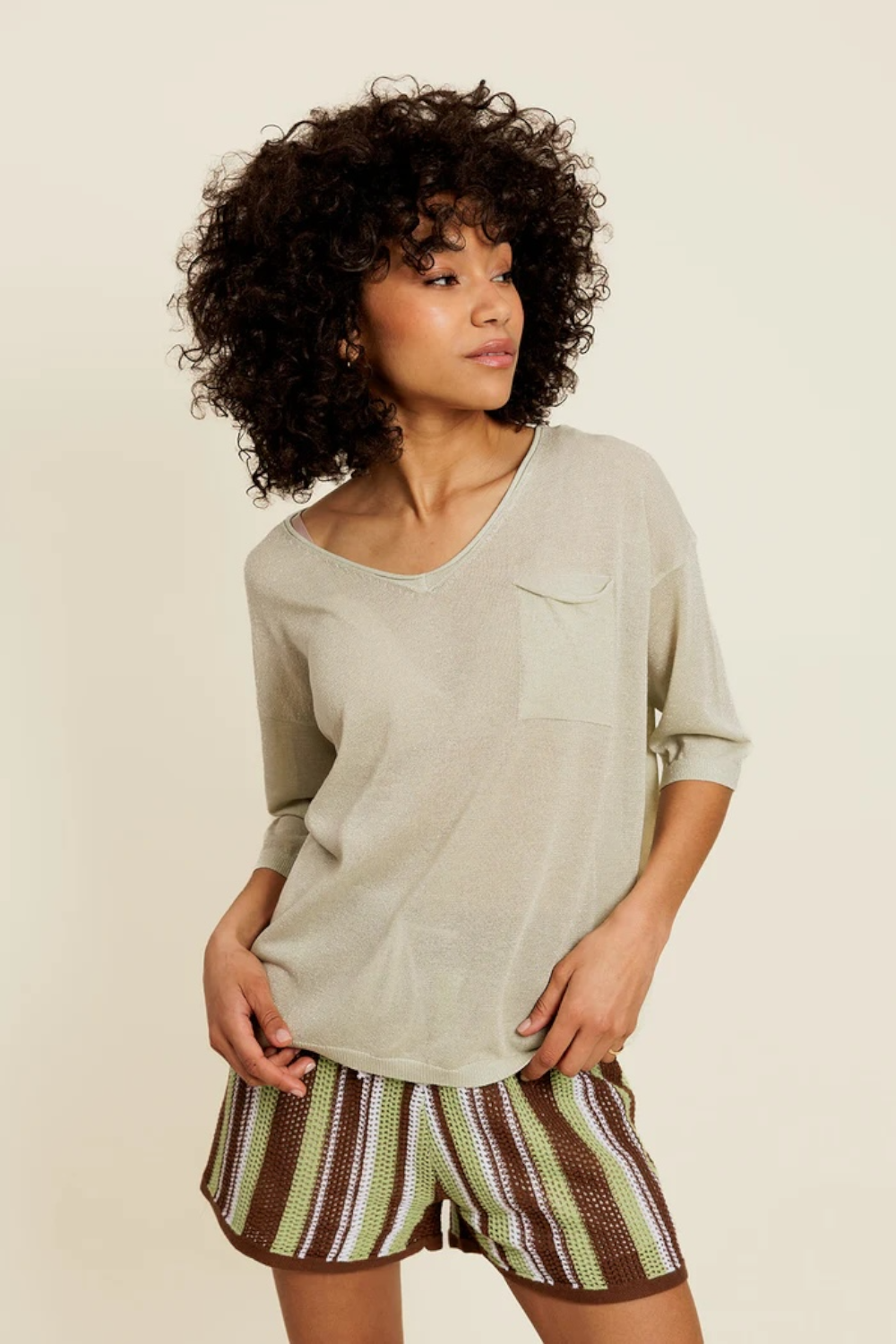 BELIOR - Pull Manches Courtes Vert avec Lurex