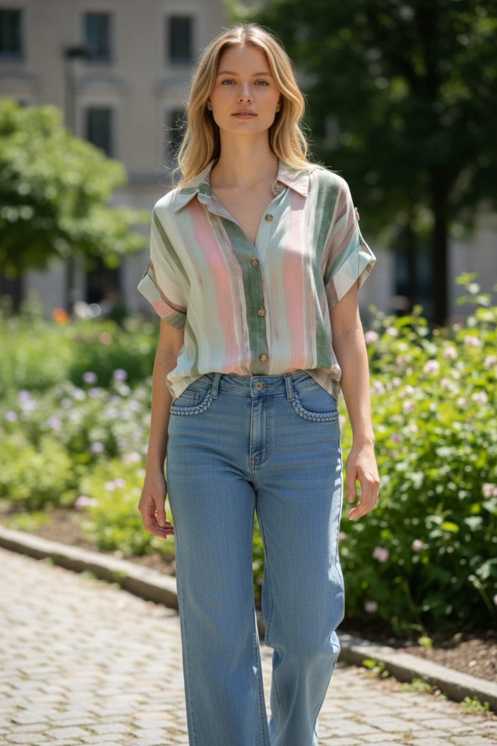 Jeans bleu détail poches tressées