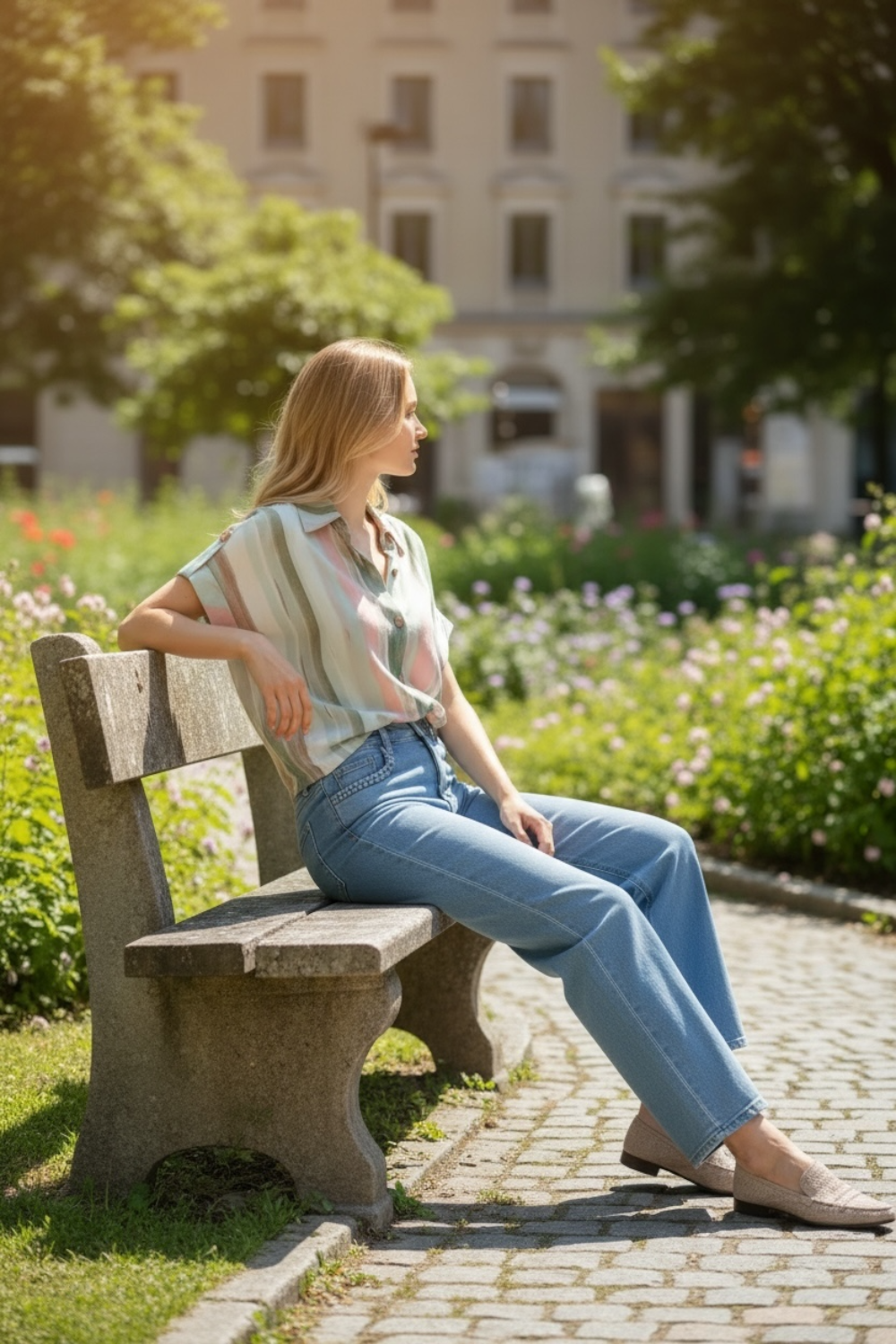 Jeans bleu détail poches tressées