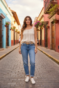 JEANS droit "ARVEN" avec ceinture et broderies