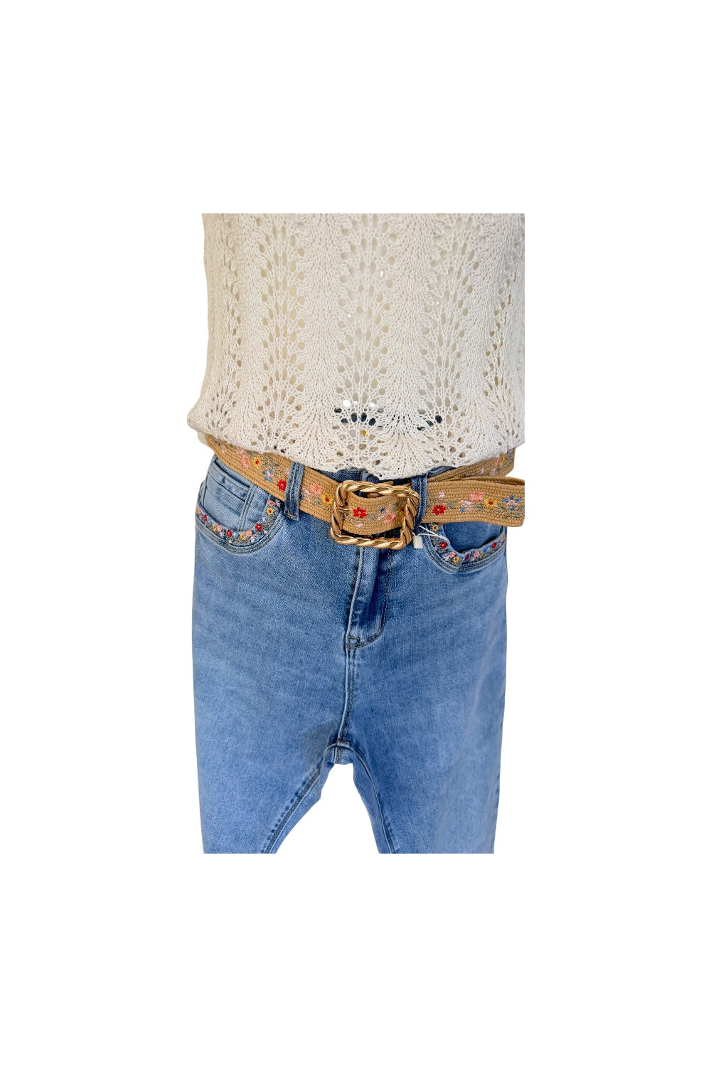JEANS droit "ARVEN" avec ceinture et broderies