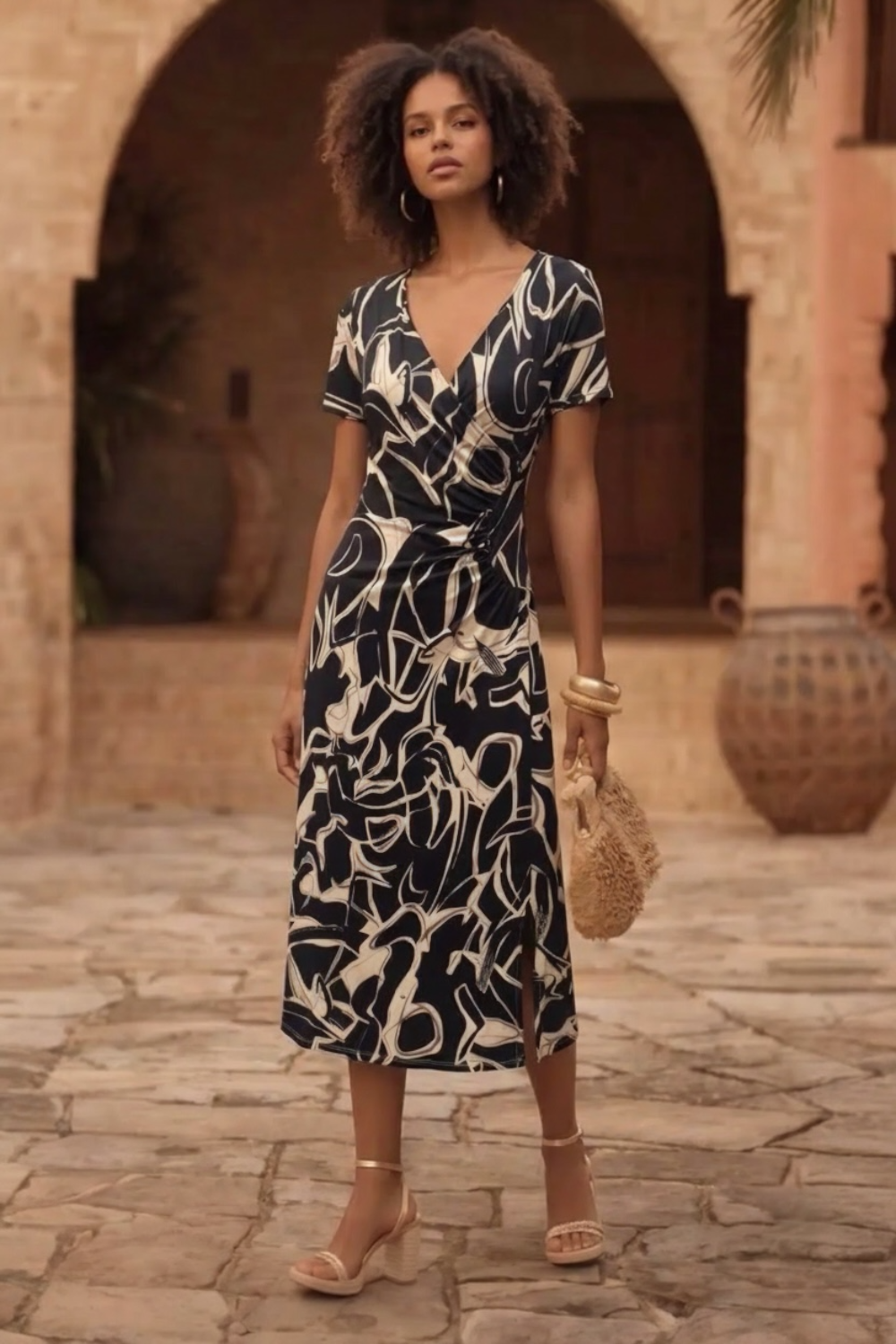 Robe multicolore fond noir et écru