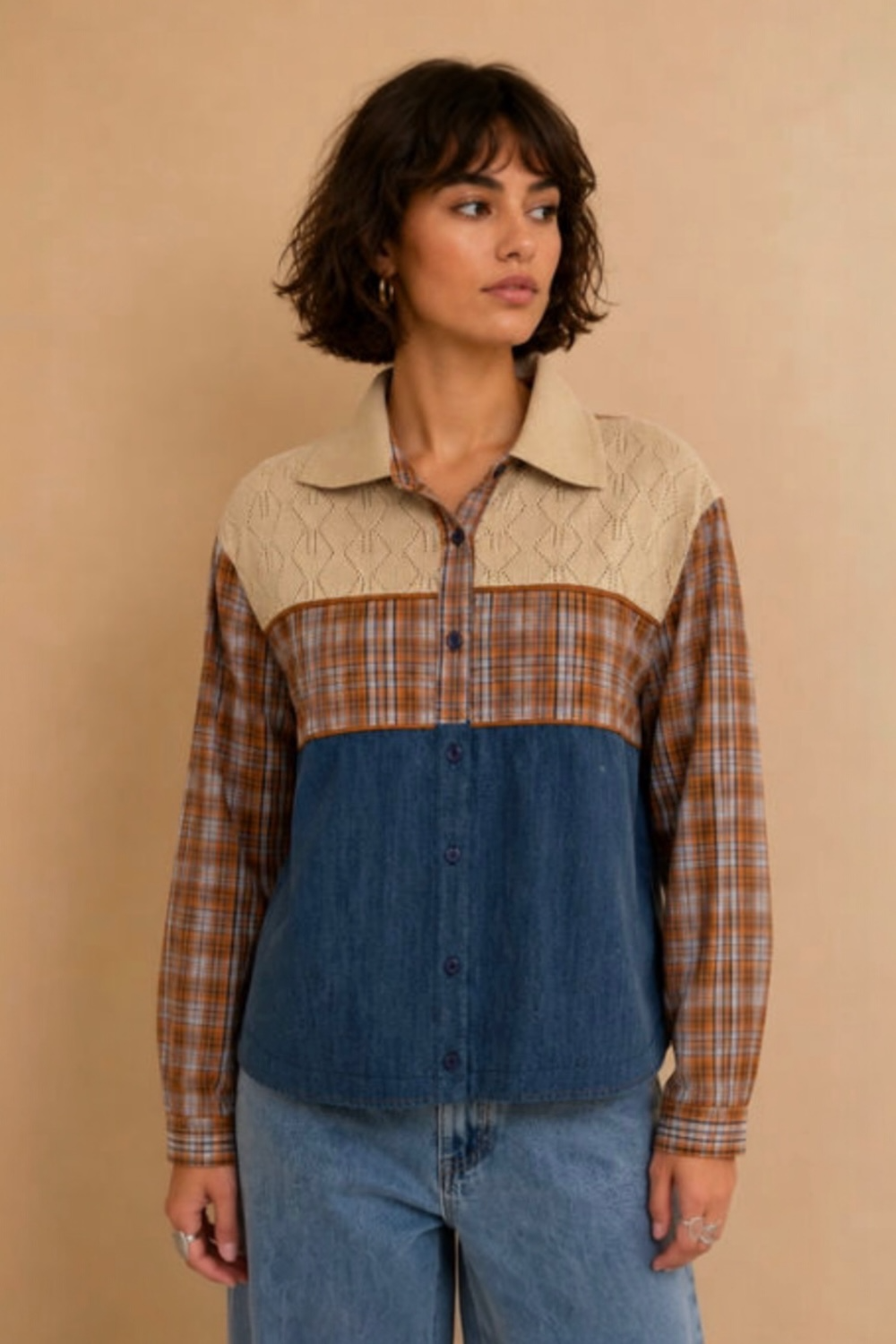Chemise ROSALIA patchwork, maille ajourée et Denim