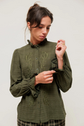 DORYNE - Chemise à Carreaux Ton sur Ton et Grand Col Brodé