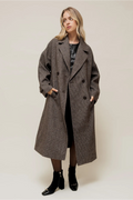 NORALY - Manteau Long Oversize en Chevron Gris à Double Boutonnage