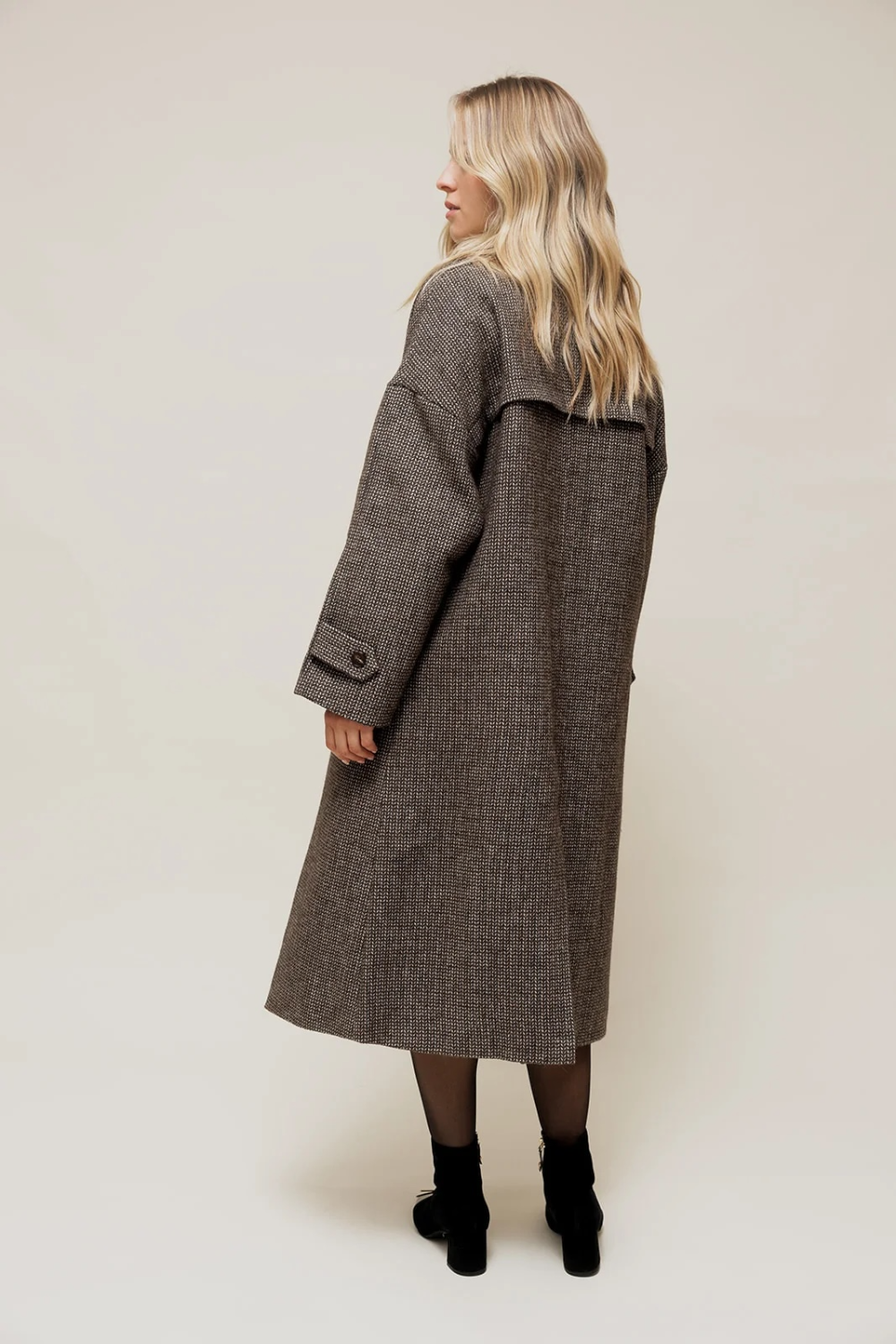 NORALY - Manteau Long Oversize en Chevron Gris à Double Boutonnage