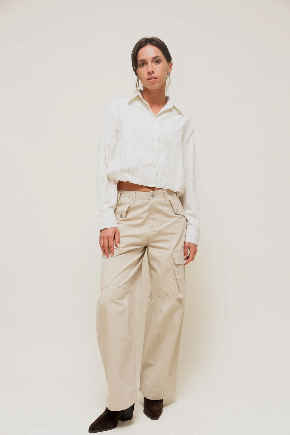 TORYA - Chemise Courte à Rayures Ton sur Ton Blanc